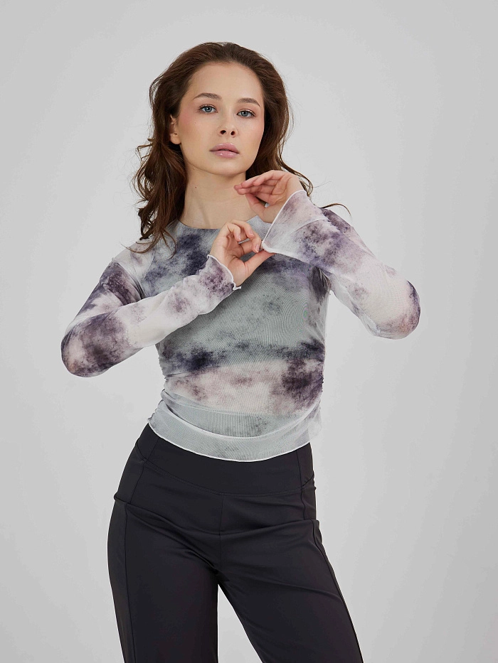 Лонгслив из сетки в технике tye-die с встроенным топом
