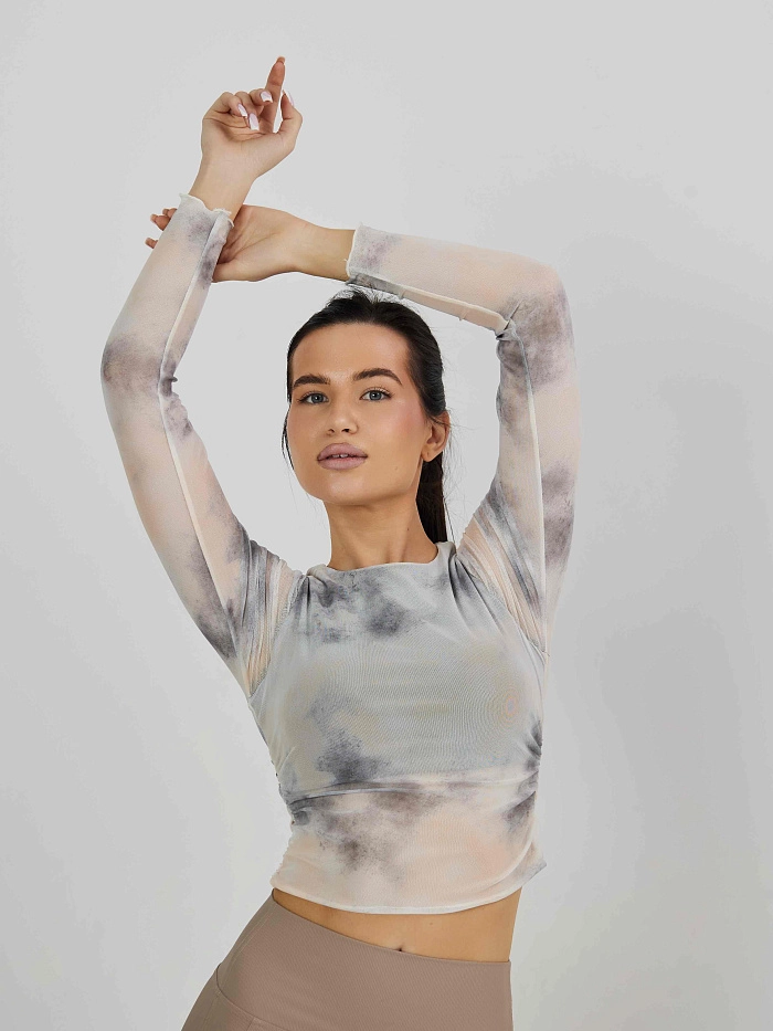 Лонгслив из сетки в технике tye-die с встроенным топом